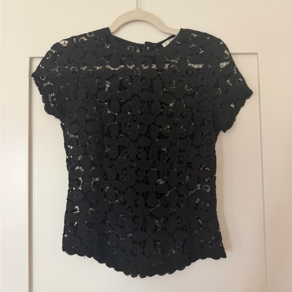 INTERMIX Black Floral Crochet Lace Short Sleeve Top